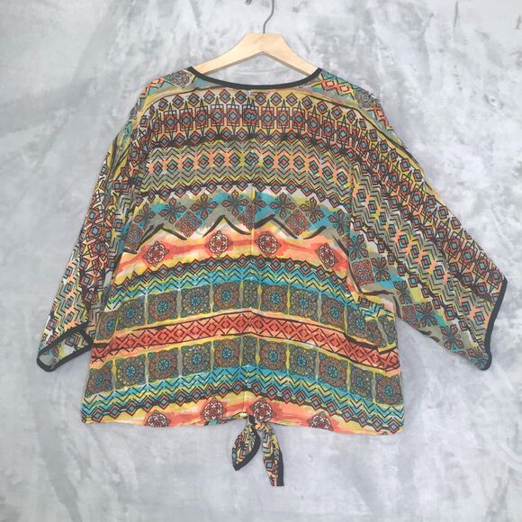 Ali Miles Top Womens 1X Orange Blue Geometric Print Semi Sheer V Neck Front Tie - Picture 2 of 10